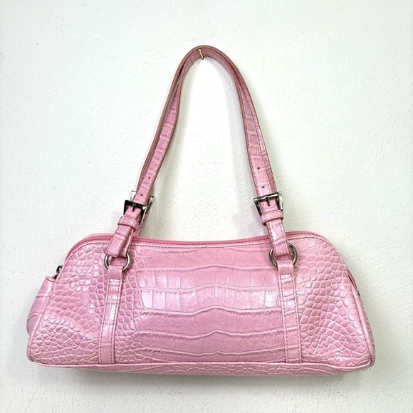 Bisou Bisou Handbags - BISOU BISOU Pink Faux Croc Leather East West Baguette Y2K Shoulder Purse Bag